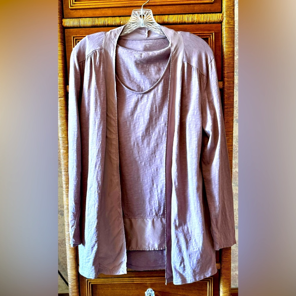 Garnet Hill Purple Open Cotton Silk Trim Cardigan & Matching Tank Top Size M